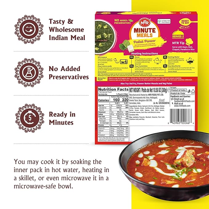 MTR - Minute Meals: Palak Paneer - Spiced Spinach Gravy with Cottage Cheese - Tasty Indian Meal with No Added Preservatives - A Quick Meal Suitable for Vegetarians, Ready in Minutes! (Pack of 6)