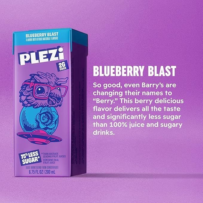 PLEZi Fruit Juice Boxes For Kids, Blueberry Blast ??Low Sugar Drinks with Dietary Fiber, Healthy Vitamin C, and Potassium Electrolytes ??6.75 Fl Oz (Pack of 32)