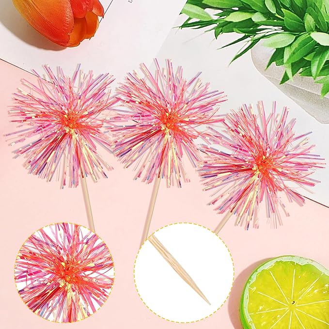 Rsstarxi 30 Pack Firework Cupcake Toppers Sparkle Tinsel Drink Birthday Decorations Cocktail Food Fruit Toothpick for Valentine's Day Wedding Birthday Party Cake Decorations Orange