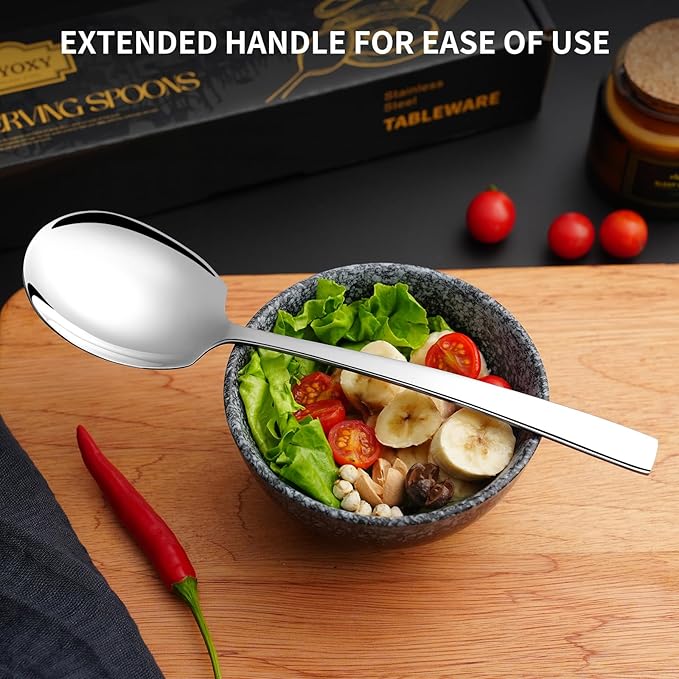 6 Piece Stainless Steel Serving Spoons Set - 6 Large Spoons, 9.2-Inch, Dishwasher Safe, for Parties/Kitchen/Buffet/Catering