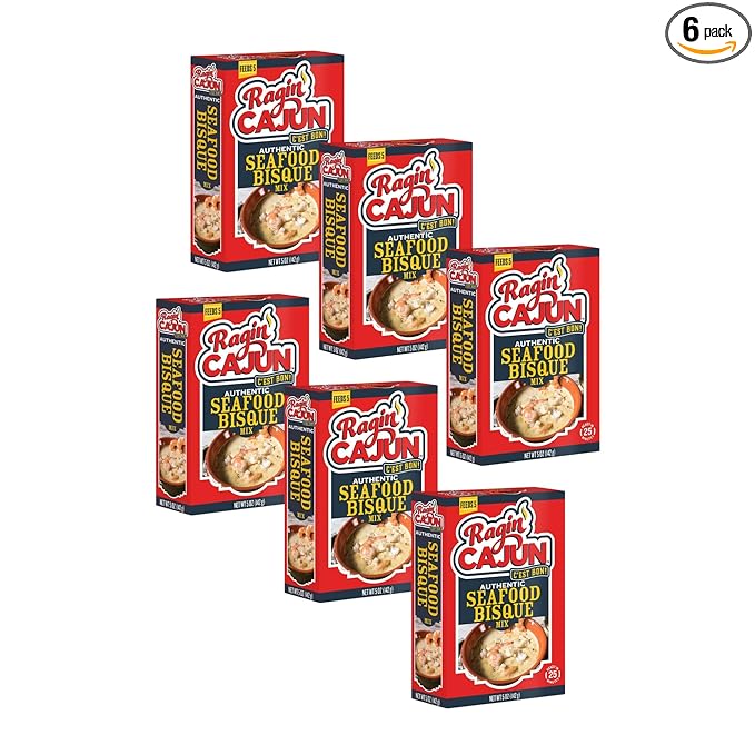 Ragin' Cajun Rich Seafood Bisque Mix - 5 oz Box, Pack of 6, No MSG, Authentic Louisiana Creole Shrimp Soup, Perfect for Quick Family Meals, Gourmet Crab Crawfish Stew, Easy Cajun Recipe with Premium Flavor