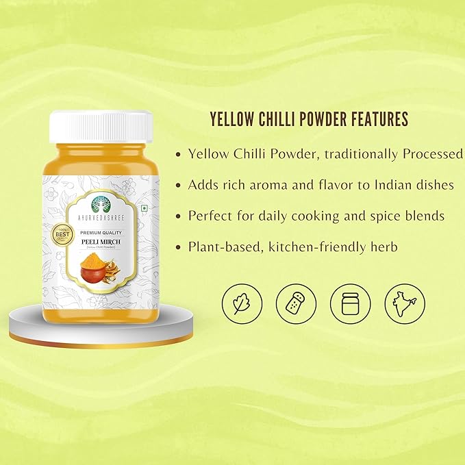 AYURVEDASHREE Yellow Chilli Powder (Pili Mirchi) 100gm PET Jar ~ All Natural | Vegan | Gluten Friendly | NON-GMO | Indian Spice.