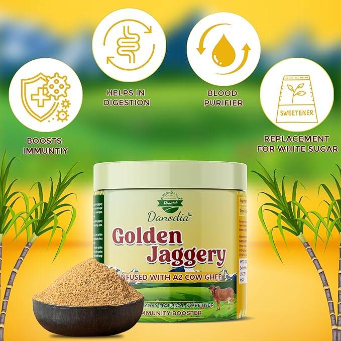 Danodia Foods Golden Jaggery Infused with A2 Cow Ghee ??400g | Made with Sugarcane Juice & Pure A2 Cow Ghee
