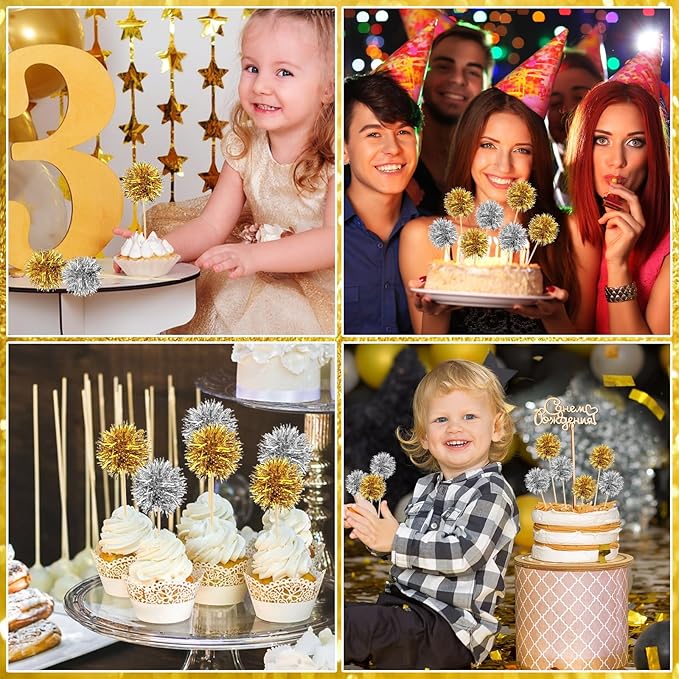 MEMOVAN Foil Firework Cupcake Toppers 100PCS Sparkle Tinsel Cake Toppers Tinsel Drink Stirrer Gold Silver Cake Cupcake Decoration Cocktail Picks for Birthday Wedding Graduation Party Sipplies