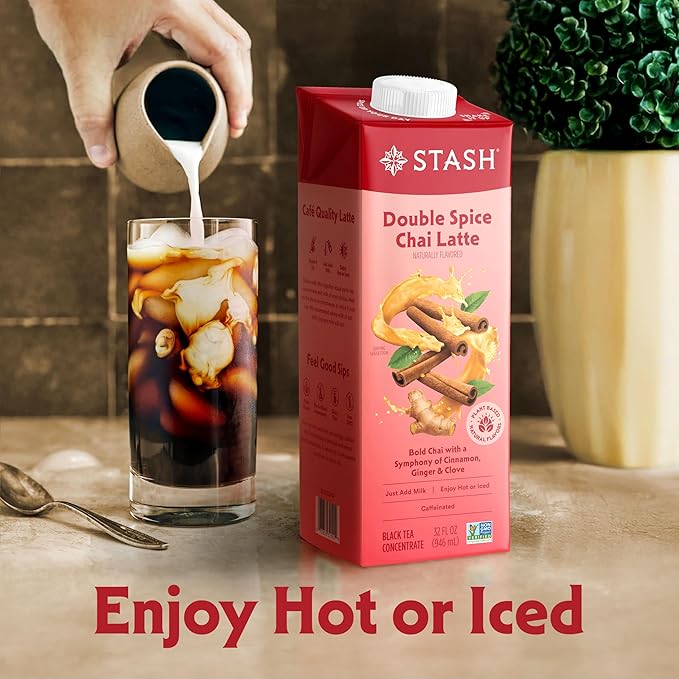 STASH Double Spice Chai Latte Concentrate - Barista Style Caffeinated Chai Tea Beverage - Crafted in Oregon - Plant Based and Dairy-Free, Serve Hot or Iced, 32 fl oz