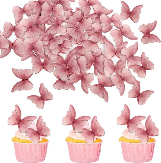 48PCS Edible Cupcake Toppers - Wafer Paper Edible Butterfly Cake Decorations for Butterfly Theme Baby Shower Birthday Wedding Party Supplies - Pink