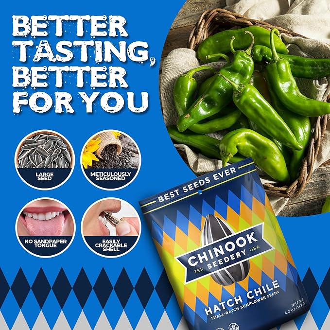 Chinook Seedery Roasted Jumbo Sunflower Seeds - Keto Snacks, Gluten-Free, Non-GMO, Hatch Chile Flavor 4 oz (12-Pack)