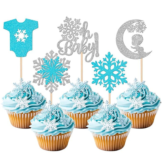30 PCS Snowflake Oh Baby Cupcake Toppers Glitter Winter Sweater Moon Snowflake Cupcake Picks Baby Shower It's a Boy Cake Decorations for Baby Shower Kids Birthday Christmas Party Supplies