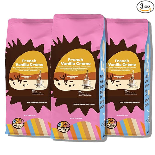 Crazy Cups French Vanilla Coffee, Flavored Ground Coffee (French Vanilla Creme), Pack of 3