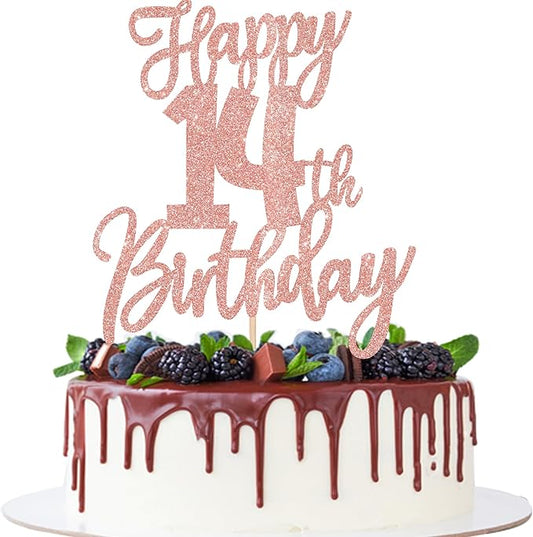 1 PCS Happy 14th Birthday Cake Topper Glitter Cheers to 14 Years Birthday Cake Pick Fourteen Hello 14 Fabulous Cake Decorations for Happy 14th Birthday Anniversary Party Supplies Rose Gold