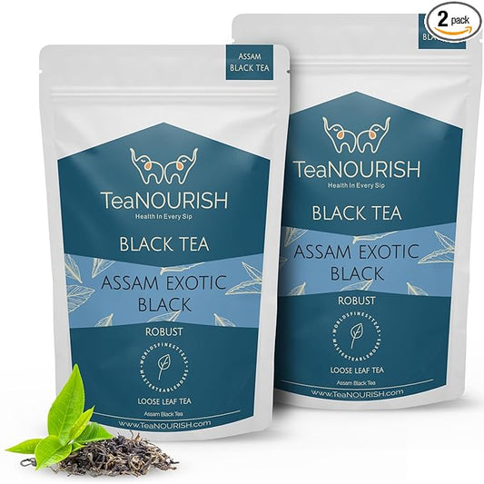 TeaNOURISH Assam Exotic Black Tea | Unblended Loose Leaf Tea | Robust & Full Bodied | Freshly Sourced Direct From Origin | Brew Hot or as Iced Tea - 3.53oz/100g (Pack of 2)