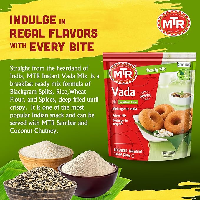 MTR Instant Vada Mix - Ready to Cook Authentic Indian Breakfast, Lunch, Dinner or Snack Meal - No Added Preservatives - A Quick & Easy Recipe Suitable for Vegetarians - (200g, Pack of 6)