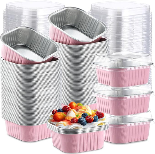 Aoriher 300 Pieces 10 oz Mini Cake Pans with Lids, Aluminum Foil Baking Cups, Square Disposable Cupcake Cups Baking Tins for Wedding Birthday Party Supplies(Pink)