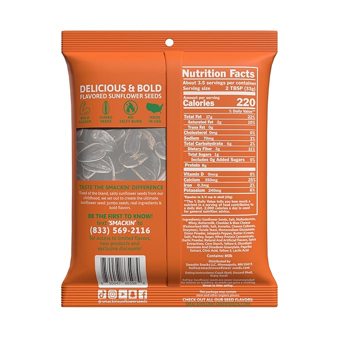 SMACKIN' - Jumbo Roasted Sunflower Seeds, No Salty Burn, American Made, Easy Pour & Seal - Cheddar Jalapeño, 4oz bag (12 Bags)