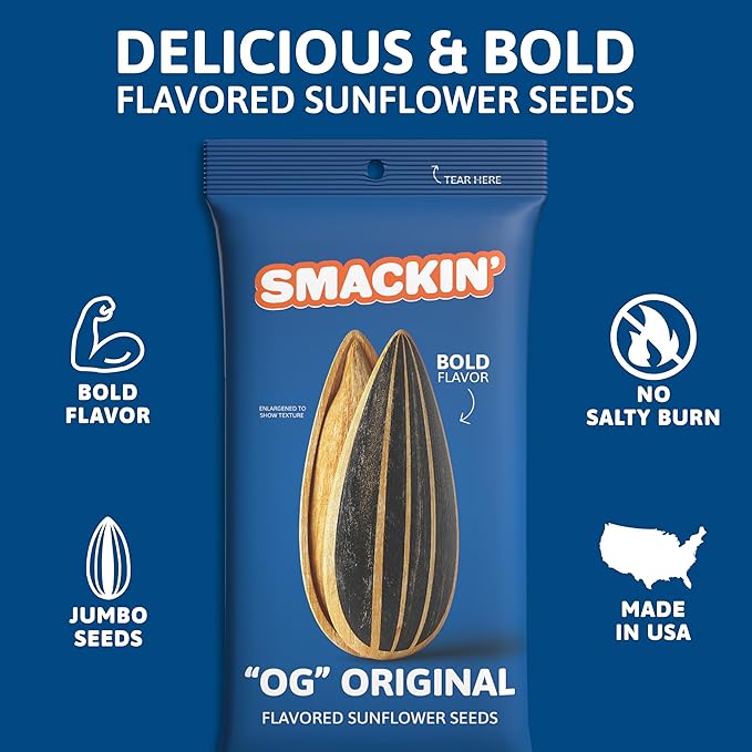 SMACKIN' Sunflower Seeds, Roasted Jumbo Small-Batch, American Made - Original. 1.5oz bags (36 Pack)