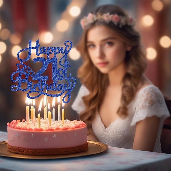 1 Pack Happy 21st Birthday Cake Topper Blue Glitter 21 & Fabulous Cheers to 21 Years Old Birthday Cake Pick for Celebrating 21st Birthday Anniversary Party Cake Decorations Supplies