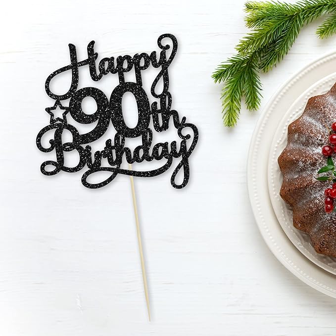1 Pack Happy 90th Birthday Cake Topper Black Glitter 90 & Fabulous Cheers to 90 Years Old Birthday Cake Pick for Celebrating 90th Birthday Anniversary Party Cake Decorations Supplies