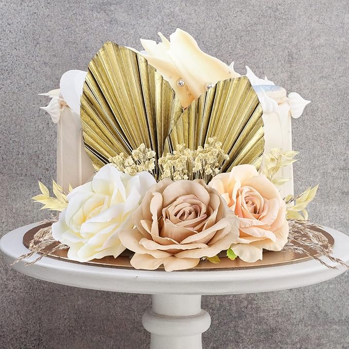 Tallew 28 Pcs Boho Cake Topper Decorations Vintage Artificial Rose Flowers Palm Leaves for Cake Decorating Kit Dried Faux Flower Decor for Bohemian Wedding Baby Shower Birthday Party Supplies