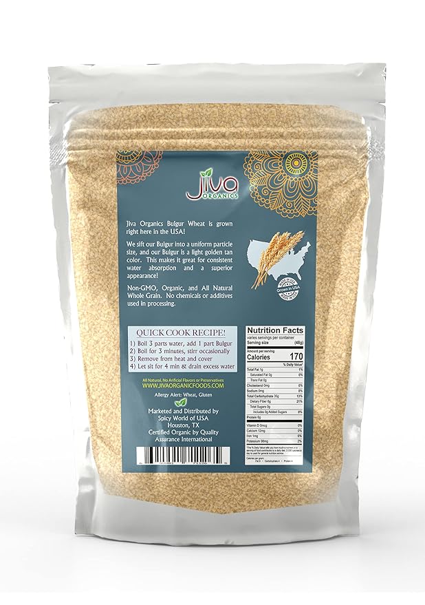 Organic Bulgur Wheat Fine #1 2 LB - Non-GMO, Grown in USA, 100% Natural Wheat Berries, Resealable Bag by Jiva Organics