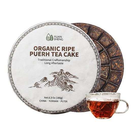 YUANSHENG Organic Puerh Tea Cake, USDA Certified Imperial Ripe Pu Erh Tea, Aged and Organic Chinese Yunnan Ancient Tree Pu-erh tea Chocolate Cake, Easy To Take Out, No Fishy, 6.34 Oz