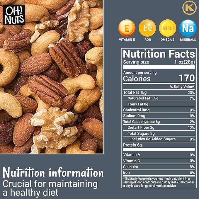 Oh! Nuts Mixed Nuts Roasted Unsalted - 2 lb - Unsalted Mixed Nuts - Cashews, Walnuts, Hazelnuts, Almonds - Fresh Zip-Seal Bag