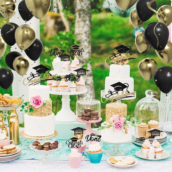 25Pcs Graduation 2024 Cake Topper Glitter Class of 2024 Cupcake Toppers 2024 High School University College Graduation Party Cake Decorations Supplies, Black and Gold