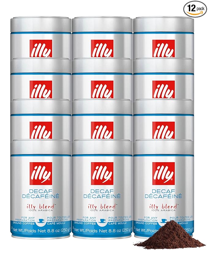 Illy Ground Espresso Coffee, Decaffeinated - Medium Roast - Mild & Balanced - 100% Arabica - Pre-Ground for Espresso - Pressurized Packaging Sealed for Freshness- 8.8oz (Pack of 12)