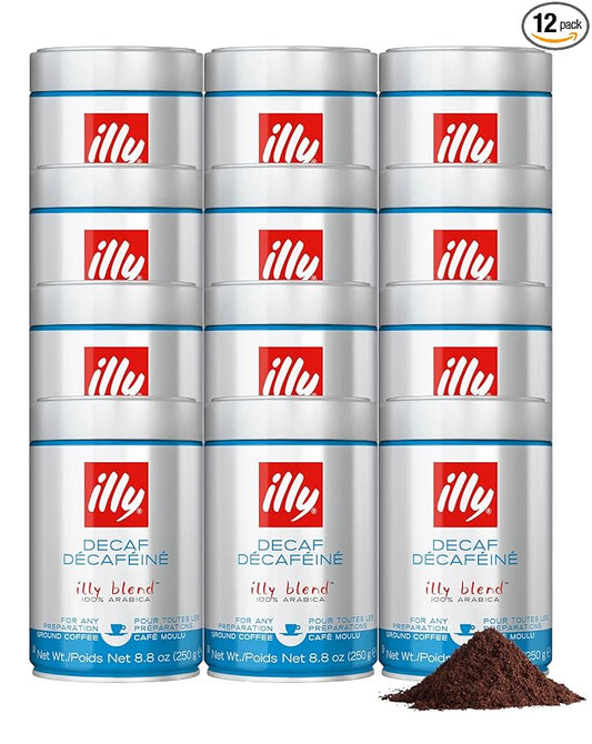 Illy Ground Espresso Coffee, Decaffeinated - Medium Roast - Mild & Balanced - 100% Arabica - Pre-Ground for Espresso - Pressurized Packaging Sealed for Freshness- 8.8oz (Pack of 12)