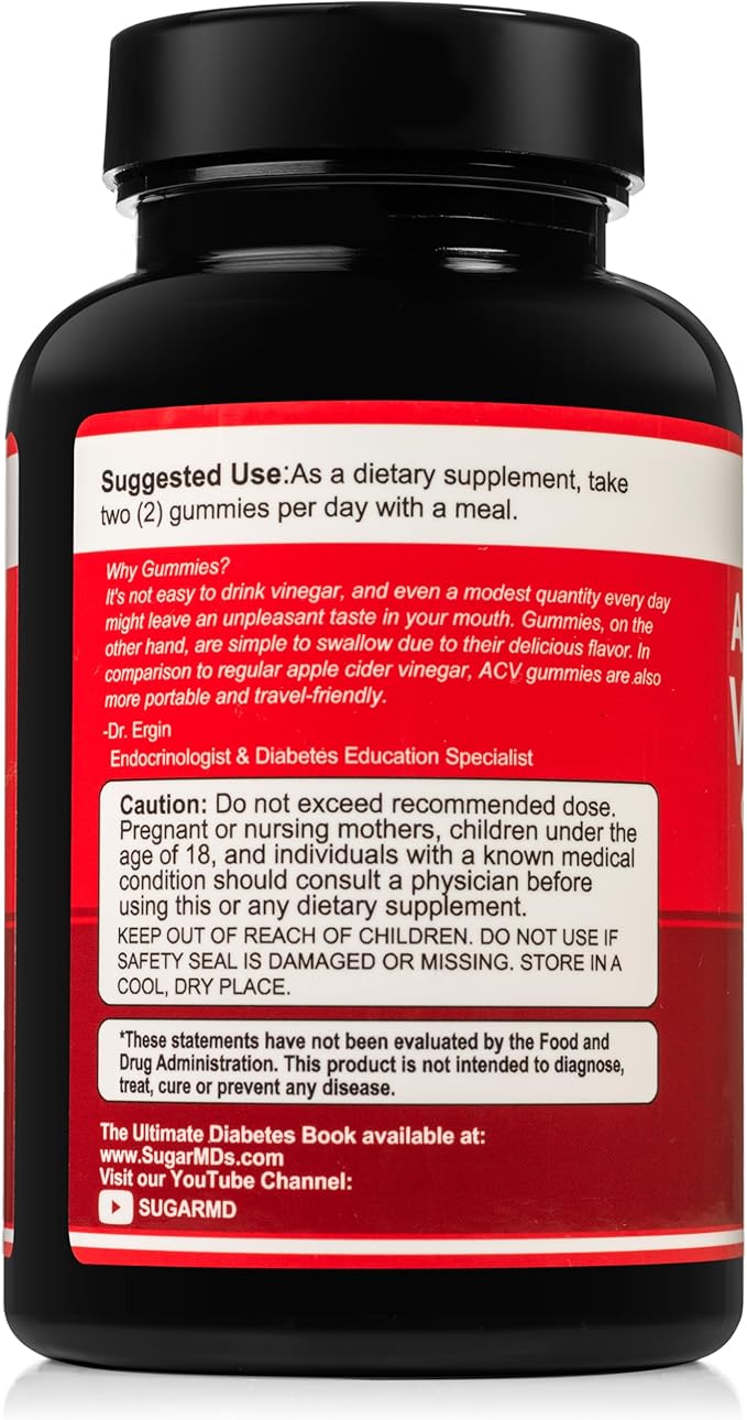 SugarMD Apple Cider Vinegar 60 Gummies - Vitamin B6 & B12-500mg Apple Cider Vinegar Supplement from Raw, Unfiltered, & Unpasteurized Apples - Vegan & Halal