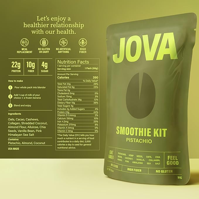 JOVA Smoothie Variety Kit (Peanut Butter, Pistachio & Double Chocolate) Nutritious, Delicious & Ready in 1 Minute | 22g+ Protein (Gluten-Free, Non-GMO, High Fiber, USA Made), 6-Pack