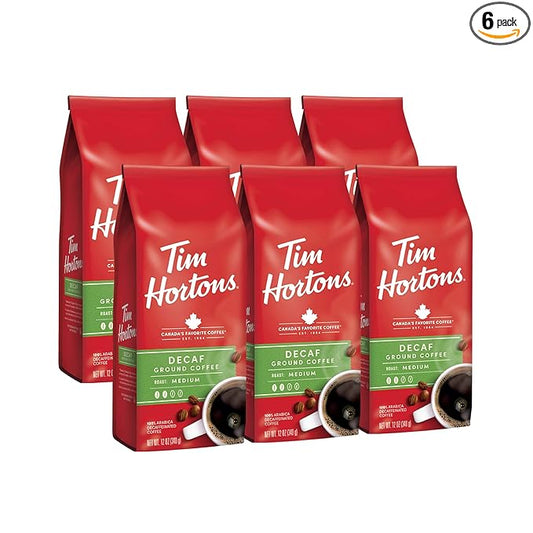 Tim Hortons Decaf Blend, Medium Roast Ground Coffee, Perfectly Balanced, Always Smooth, Made with 100% Arabica Beans, 72 Ounce (6 x 12 oz Bags)