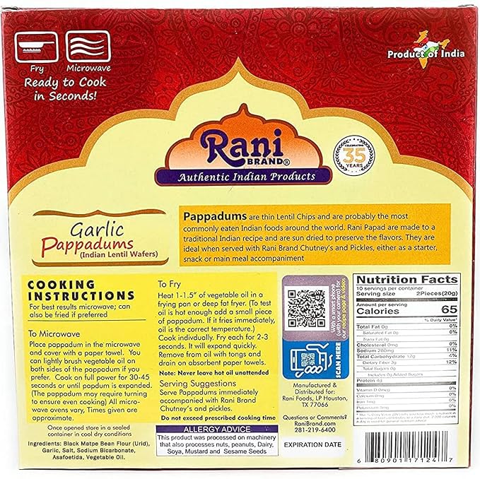 Rani Pappadums (Indian Lentil Wafer Snack) Garlic Papad 7oz (200g) Approximately 15pc, 7 inches, Pack of 2 ~ All Natural | Gluten Friendly | NON-GMO | Vegan | Indian Origin