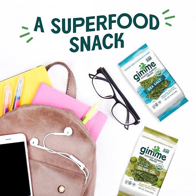Gimme Seaweed Organic Premium Roasted Seaweed Snacks, Extra Virgin Olive Oil, 20 Count, Keto, Vegan, Gluten-Free, Great Source of Omega3s and Iodine, Healthy On-The-Go Snack for Kids and Adults
