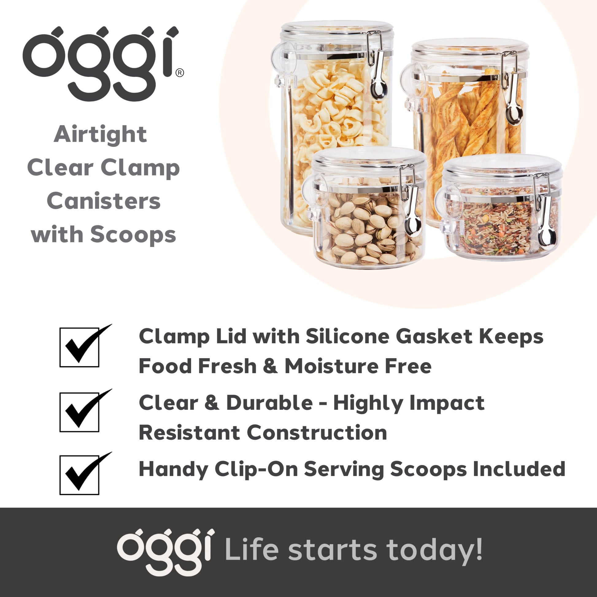 Oggi 4pc Clear Canister Set with Clamp Lids & Spoons - Airtight Food Storage Containers, Ideal for