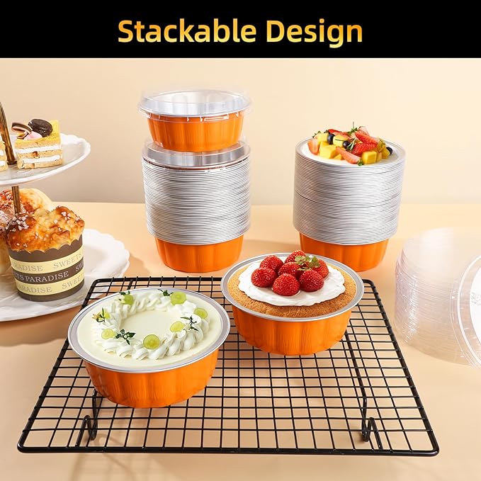 Beasea Ramekins Baking Cups with Lids, 120 Pack 8 oz 4 Inch Mini Disposable Orange Aluminum Foil Creme Brulee Baking Cups Small Round Cupcake Tart Pie Tins Pans Individual Containers Oven Safe