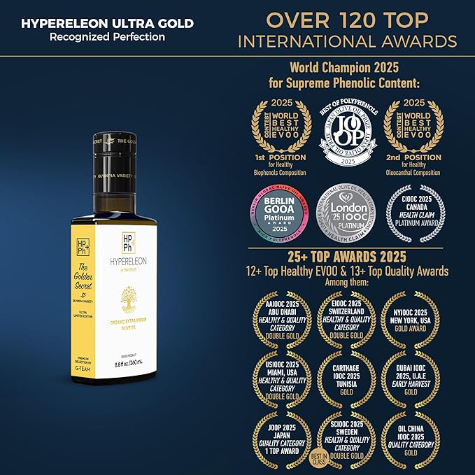 HYPERELEON ULTRA GOLD | Premium, Organic, Supremely Rich in Polyphenols, Greek Extra Virgin Olive Oil 100% Pure & Natural | Bio & Unfiltered - 120 Top Global Awards | 260ml (Pack of 1)
