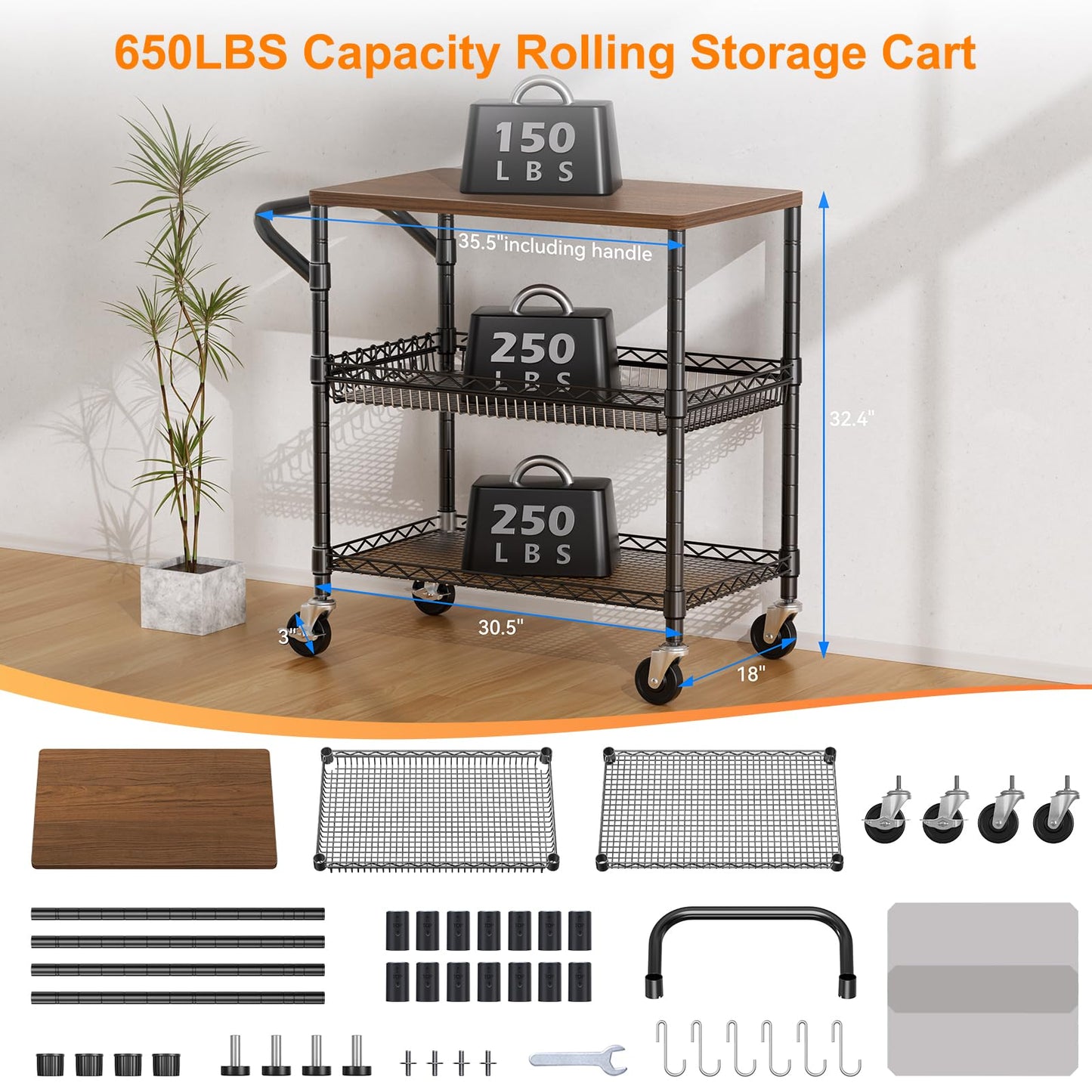 NTE Rolling Kitchen Carts on Wheels, 650Lbs Capacity 3 Tier Utility Cart with Wood Tabletop