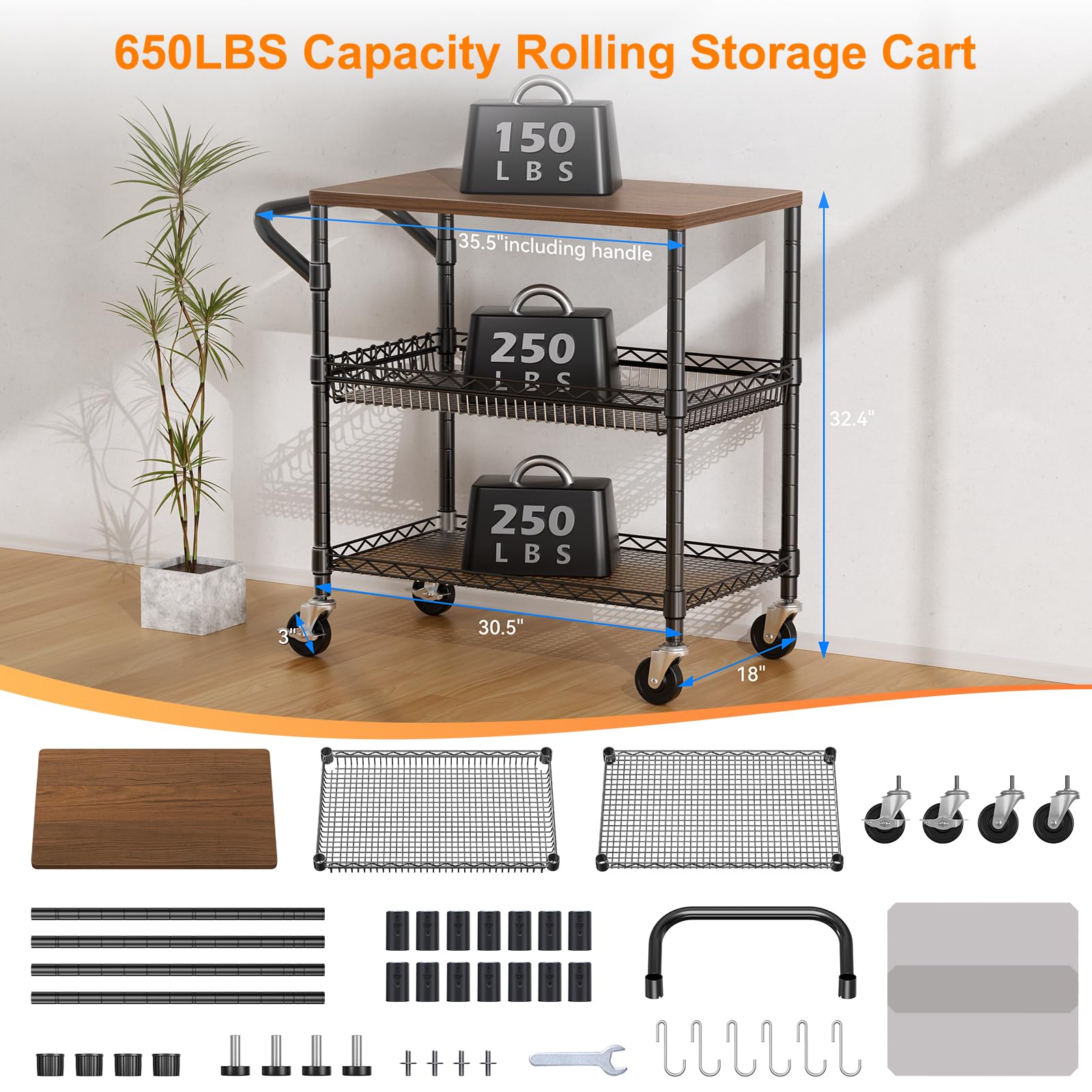 NTE Rolling Kitchen Carts on Wheels, 650Lbs Capacity 3 Tier Utility Cart with Wood Tabletop