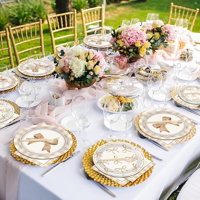96Pcs Beige Plaid Bow Plates and Napkins Coquette Party Decorations Bow Theme Dessert Paper Plates Napkins Forks Birthday Tableware Set for 24 Guests Girls Boys Baby Shower Picnic BBQ Party Supplies