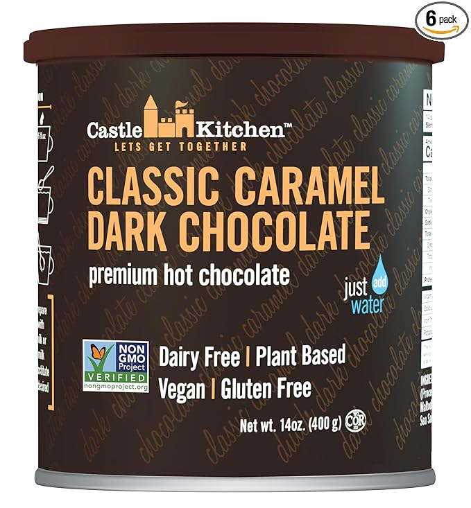 Castle Kitchen Caramel Dark Hot Chocolate (6 Pack) Premium Plant Based, Dairy Free, Gluten-Free, Vegan Hot Coca Mix - Just Add Water - 14 oz