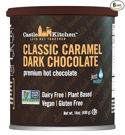 Castle Kitchen Caramel Dark Hot Chocolate (6 Pack) Premium Plant Based, Dairy Free, Gluten-Free, Vegan Hot Coca Mix - Just Add Water - 14 oz