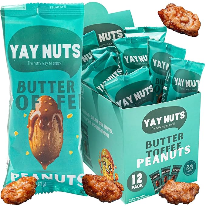 YAY NUTS Butter Toffee Peanuts ??Sweet & Salty Crunchy Roasted Peanuts Coated in Caramelized Butter Toffee - All-Natural, Made in USA ??Guilt-Free Treats for On-the-Go Snacking - 12-Pack of 2oz Bags