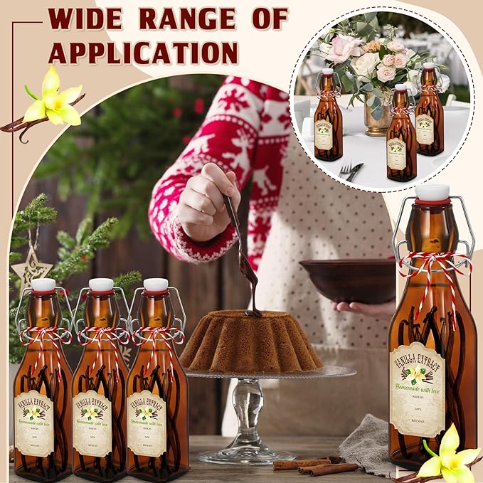 Uiifan 12 Pcs 8 oz Swing Top brown Square Glass Bottles for Vanilla Extract with Caps and Cotton Twines Label Flip Top Glass Bottle for Home Vanilla Brew Oil Beer Tea Supply