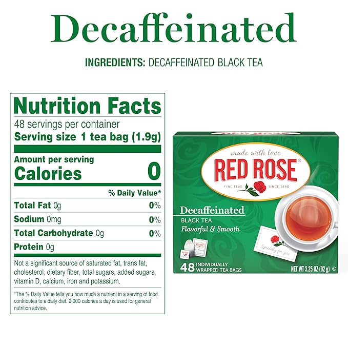 Red Rose Naturally Decaffeinated Black Tea, Smooth & Flavorful Decaf for Iced or Hot Tea in Bulk, Gluten-Free, 12 Pack of 48 Individually Wrapped Teabags, 576 Teabags Total