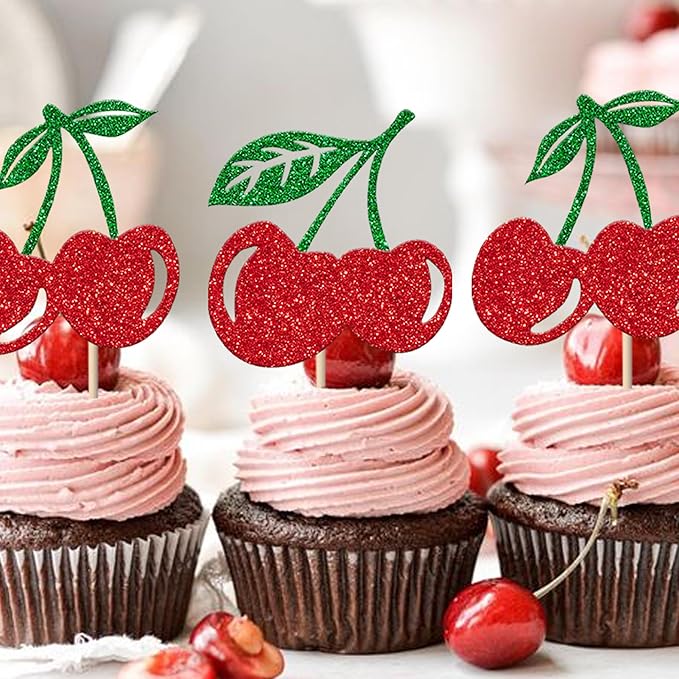 24 Pack Cherry Cupcake Toppers Glitter Red Cherry Cupcake Picks for Fruit Cherry Theme Baby Shower Bridal Shower Birthday Party Cupcake Decorations Supplies