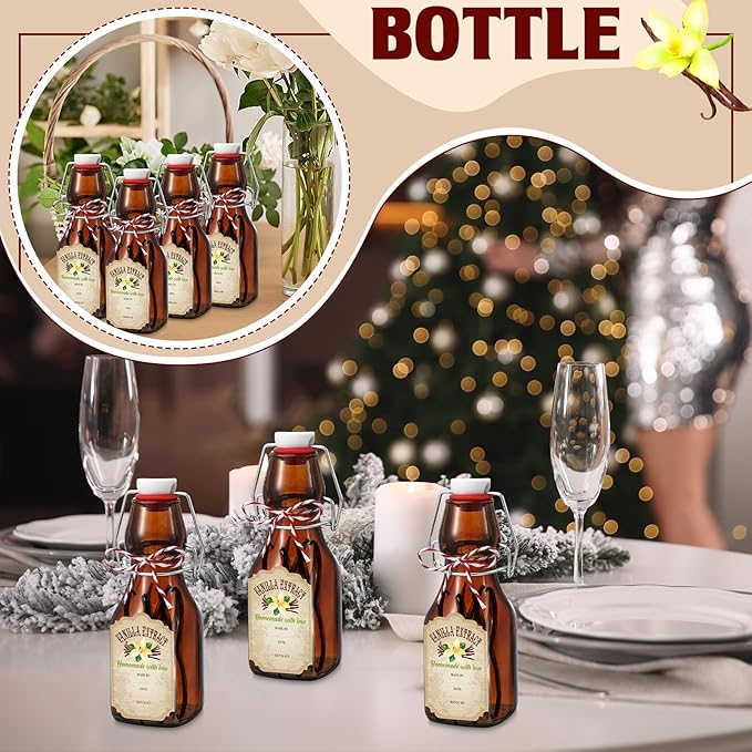 Uiifan 12 Pcs 4 oz Amber Swing Top brown Square Glass Bottles for Vanilla Extract with Caps and Cotton Twines Label Flip Top Glass Bottle for Home Vanilla Brew Oil Beer Tea Supply