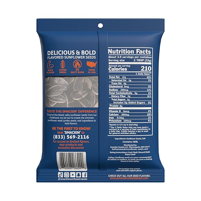 SMACKIN' - Jumbo Roasted Sunflower Seeds, No Salty Burn, American Made, Easy Pour & Seal - Original, 4oz bag (12 Bags)