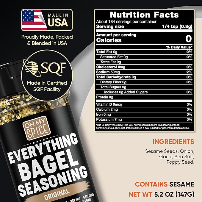 Everything Bagel Seasoning Blend - Gluten Free & Low Sodium Avocado Toast Seasoning. Vegetable Seasonings with Spices & Toasted Sesame Seeds. Egg, Meat & Salmon Keto Seasonings. Salad Toppings. 5.2oz