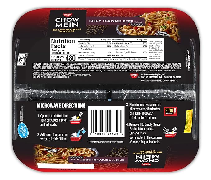 Nissin Chow Mein Noodles, Spicy Teriyaki Beef, 4 Ounce (Pack of 8)