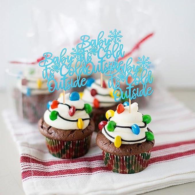 30 PCS Baby It's Cold Outside Snowflake Cupcake Toppers Glitter Winter Frozen Theme Cupcake Picks for Winter Wonderland Shower Birthday Party Cake Decorations Supplies Blue